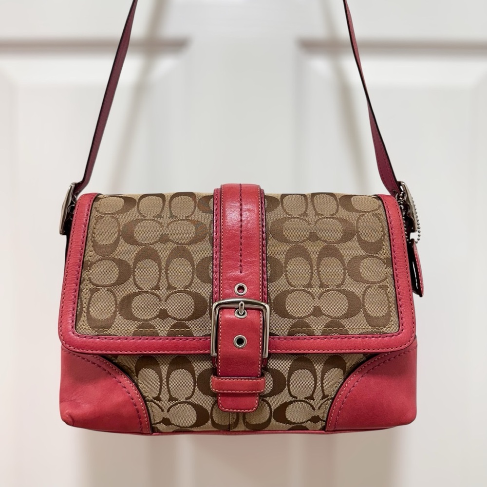 Coach Soho Buckle Flap Signature Jacquard Pink Trim Crossbody Bag Vintage Y2K